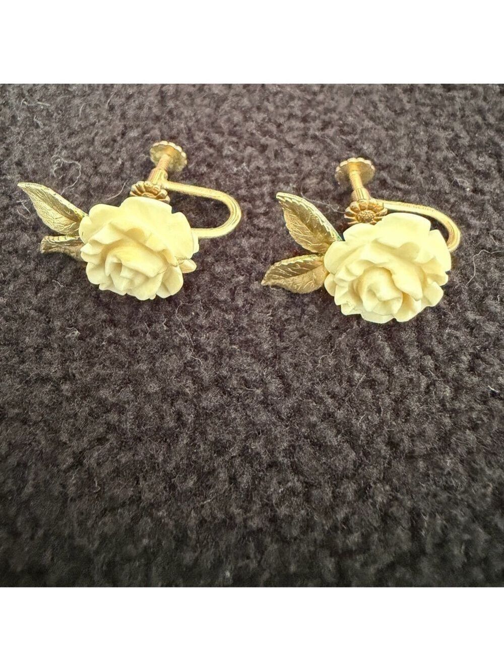 Vintage Krementz Carved Rose Earrings, Screw Backs - Picture 1 of 5